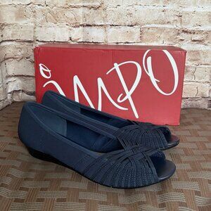 Impo Stretch Racine Sandal 8.5 M Power Mesh Navy Low Wedge Comfort Stretch Box